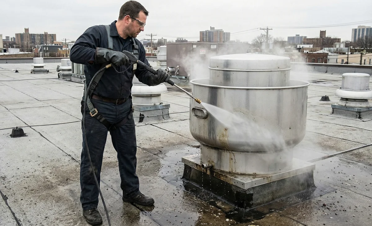 Commercial kitchen cleaning team prepared for hood cleaning service